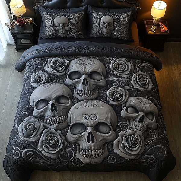 Dark Bloom quilted 3-piece bedding set on a made bed with two matching pillow shams