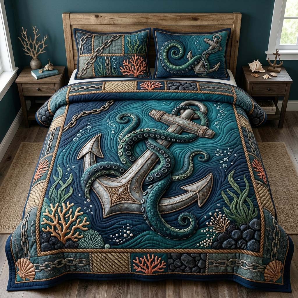 Dark Chain Anchor quilted 3-piece bedding set on a made bed in a light coastal bedroom