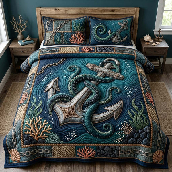 Dark Chain Anchor quilted 3-piece bedding set on a made bed in a light coastal bedroom