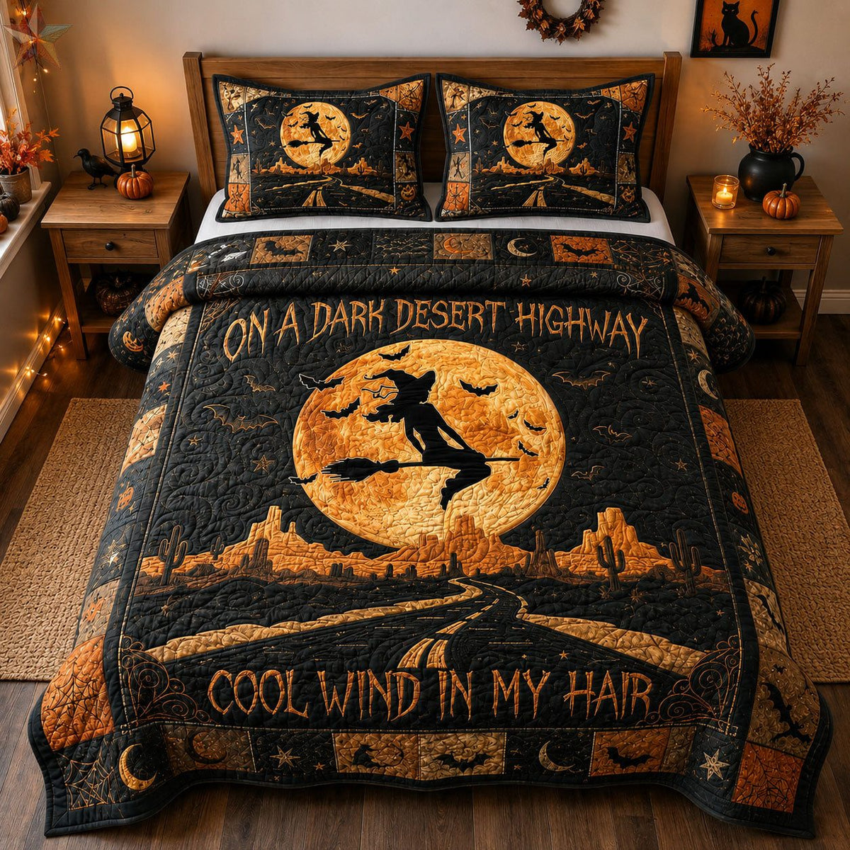 Dark Desert Highway Witch quilted 3-piece bedding set on a made bed against a dark styled interior