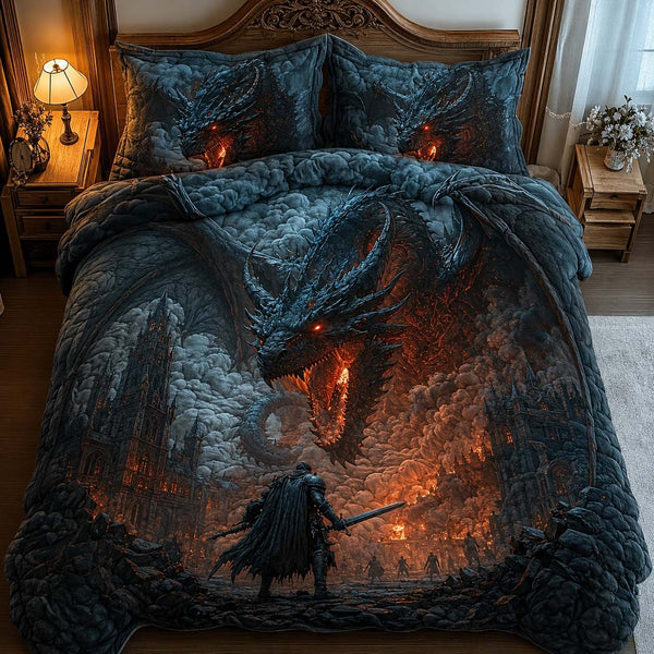 Dark Dragon Battle quilted 3-piece bedding set on a made bed with two matching pillow shams