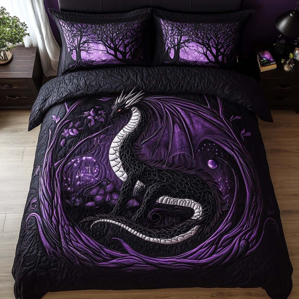Dark Eclipse quilted 3-piece bedding set on a made bed with two matching pillow shams