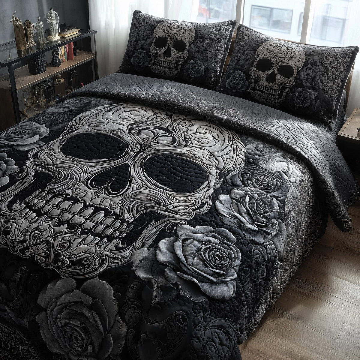 Dark Elegance quilted 3-piece bedding set on a made bed with two matching pillow shams