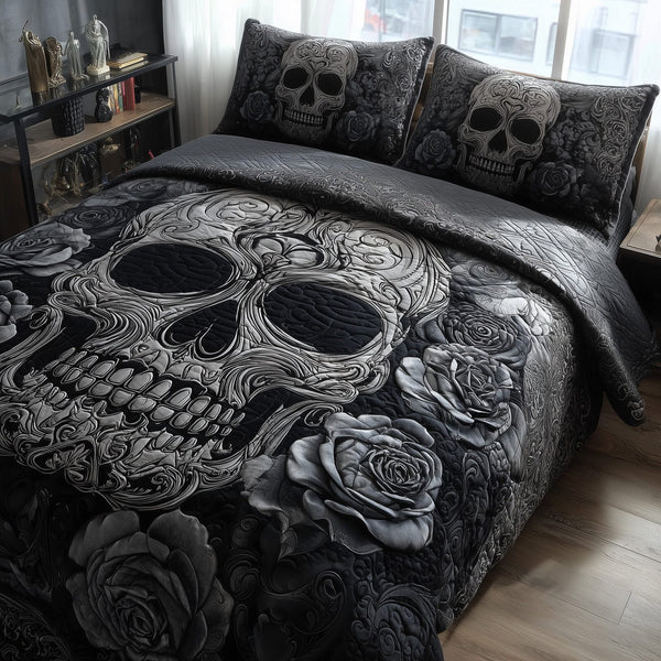 Dark Elegance quilted 3-piece bedding set on a made bed with two matching pillow shams