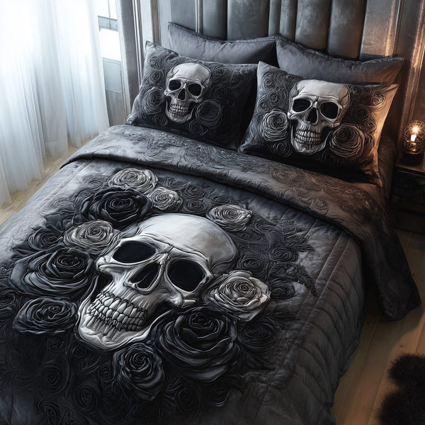 Dark Elegance quilted 3-piece bedding set on a made bed with two matching pillow shams