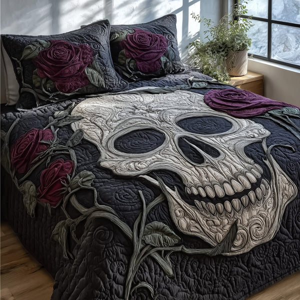Dark Elegance quilted 3-piece bedding set on a made bed with two matching pillow shams