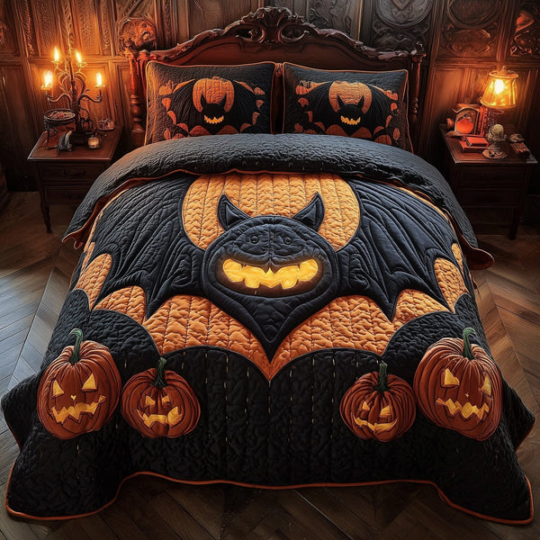 Dark Enchantment quilted 3-piece bedding set on a made bed with two matching pillow shams