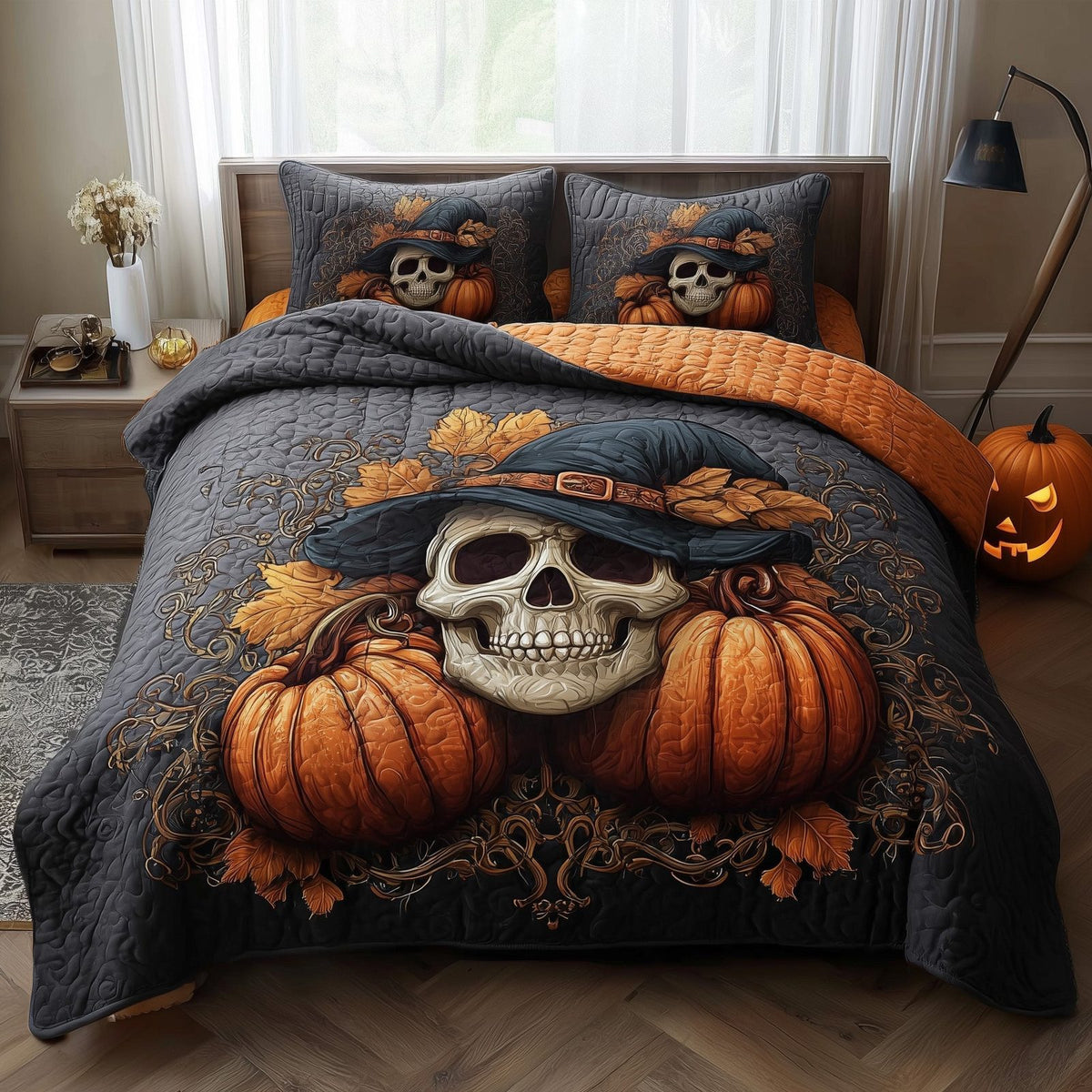 Dark Enchantment quilted 3-piece bedding set on a made bed with two matching pillow shams