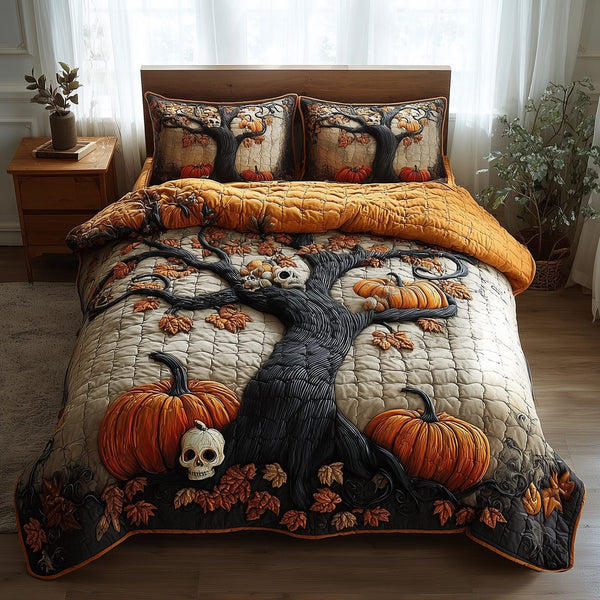 Dark Enchantment quilted 3-piece bedding set on a made bed with two matching pillow shams