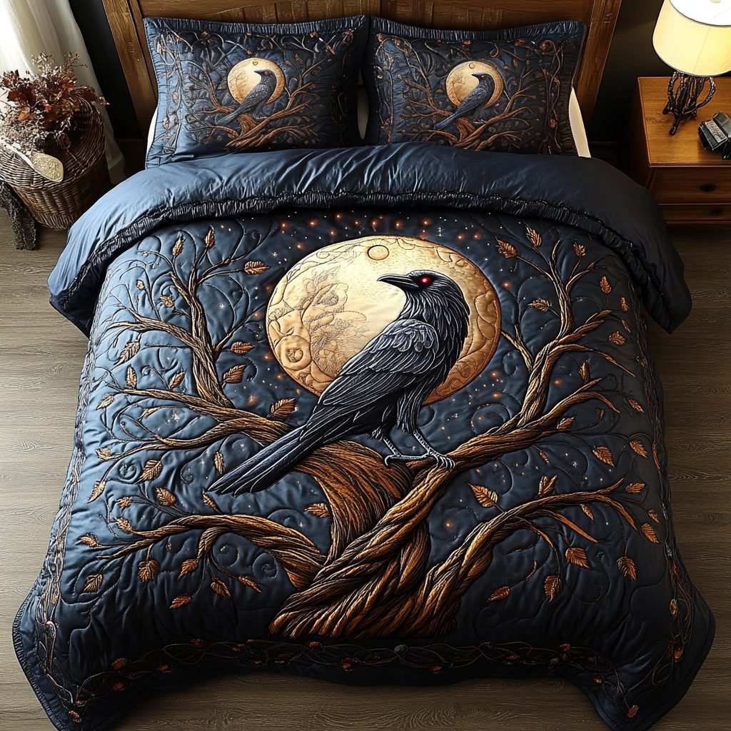 Dark Feather quilted 3-piece bedding set on a made bed with two matching pillow shams