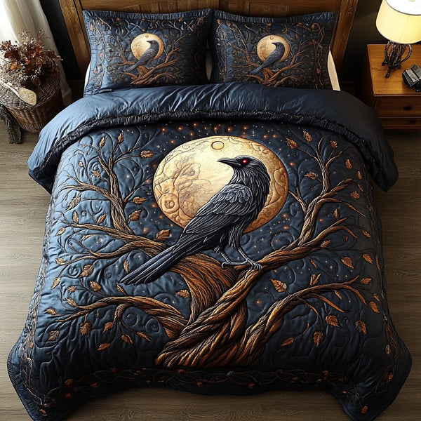 Dark Feather quilted 3-piece bedding set on a made bed with two matching pillow shams