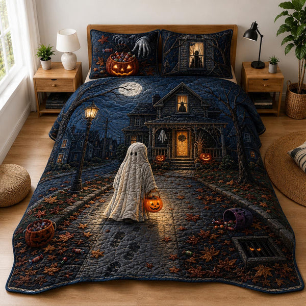 Dark Harvest quilted 3-piece bedding set on a made bed with two matching pillow shams