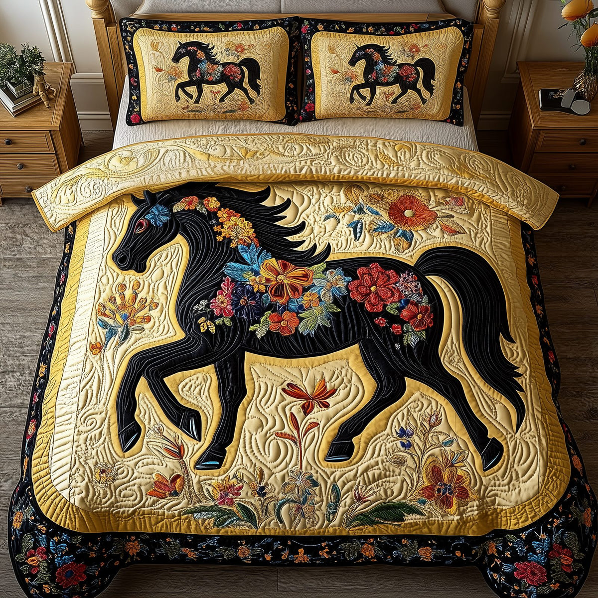 Dark Horse quilted 3-piece bedding set on a made bed in a rustic timber bedroom