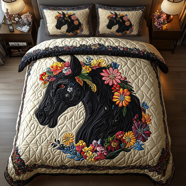Dark Horse quilted 3-piece bedding set on a made bed in a rustic timber bedroom