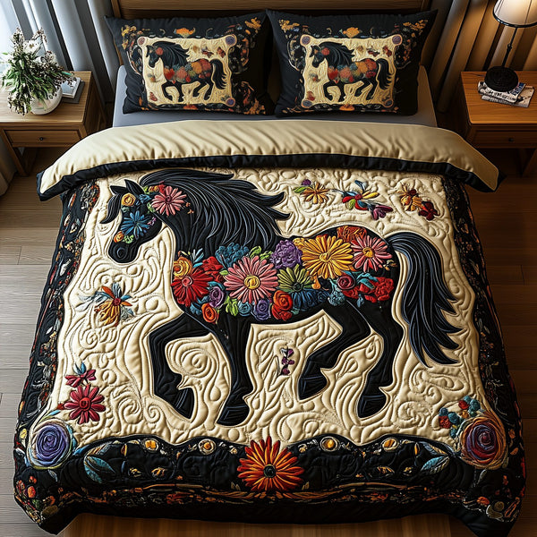 Dark Horse quilted 3-piece bedding set on a made bed in a rustic timber bedroom