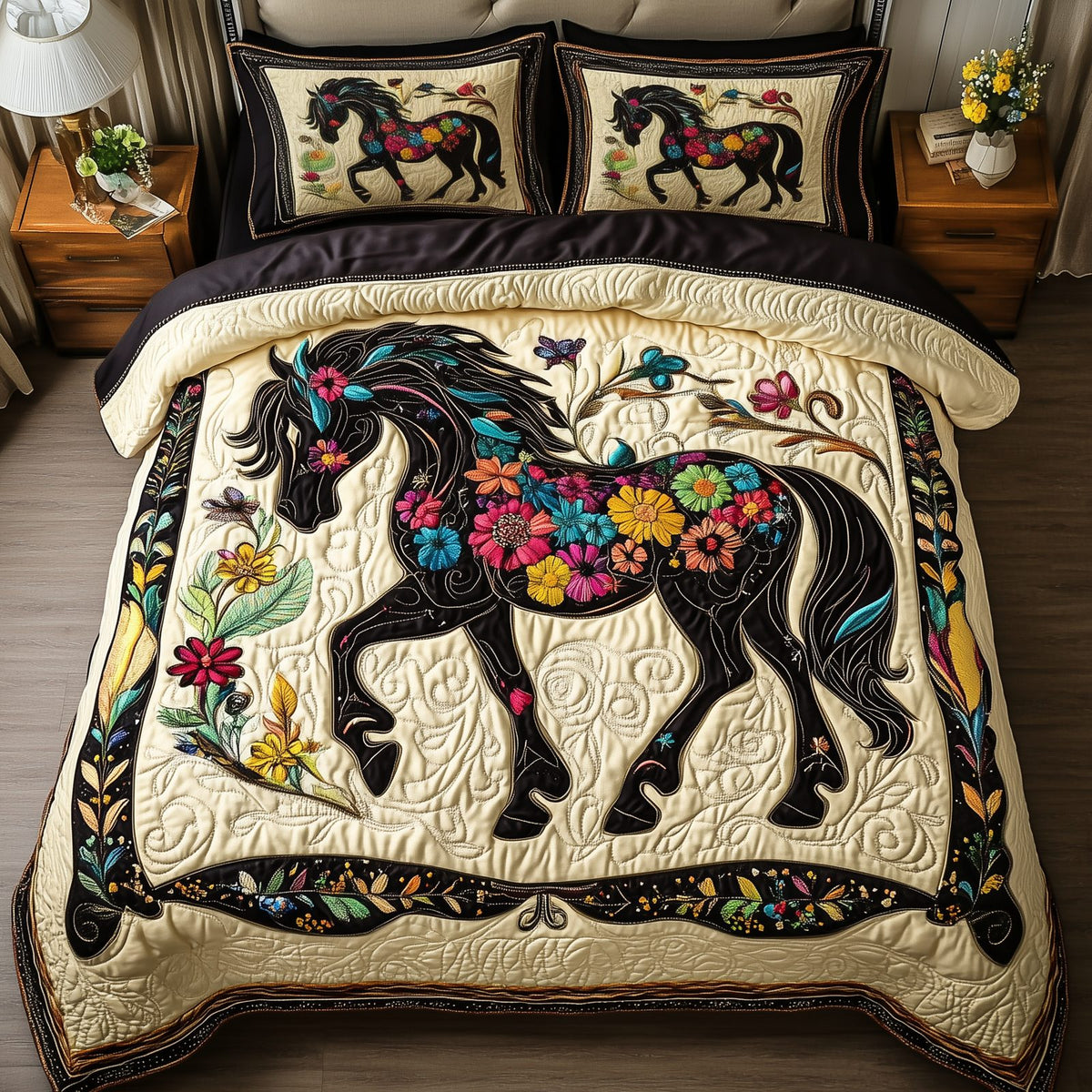 Dark Horse quilted 3-piece bedding set on a made bed in a rustic timber bedroom