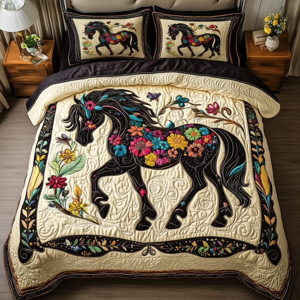 Dark Horse quilted 3-piece bedding set on a made bed in a rustic timber bedroom