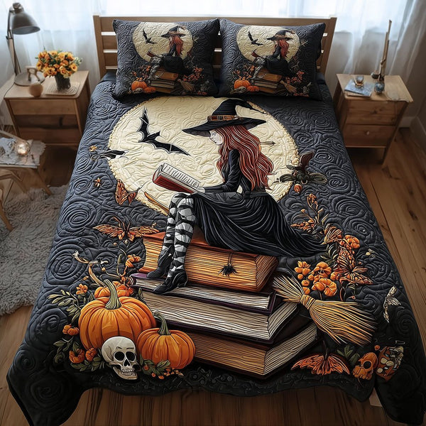 Dark Library quilted 3-piece bedding set on a made bed with two matching pillow shams