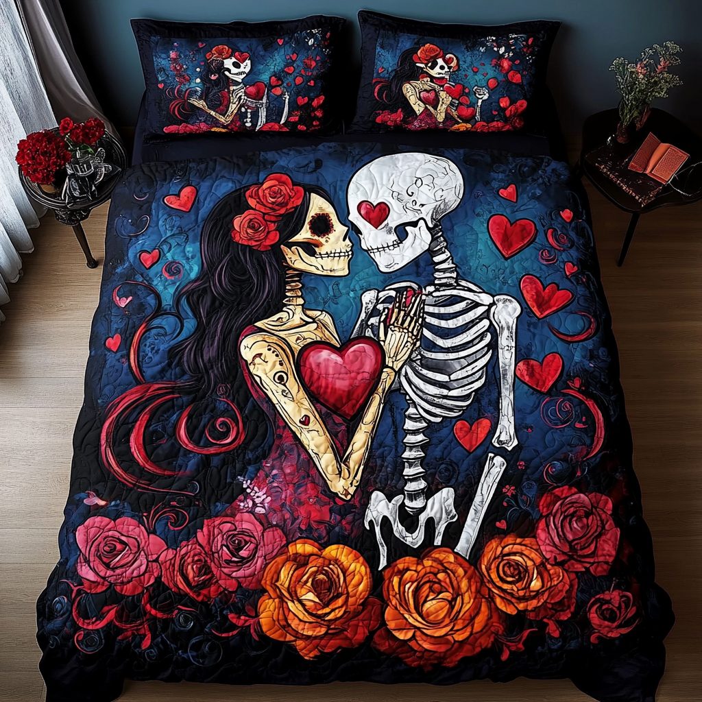 Dark Love Affair quilted 3-piece bedding set on a made bed with two matching pillow shams