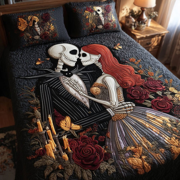 Dark Lovers quilted 3-piece bedding set on a made bed with two matching pillow shams