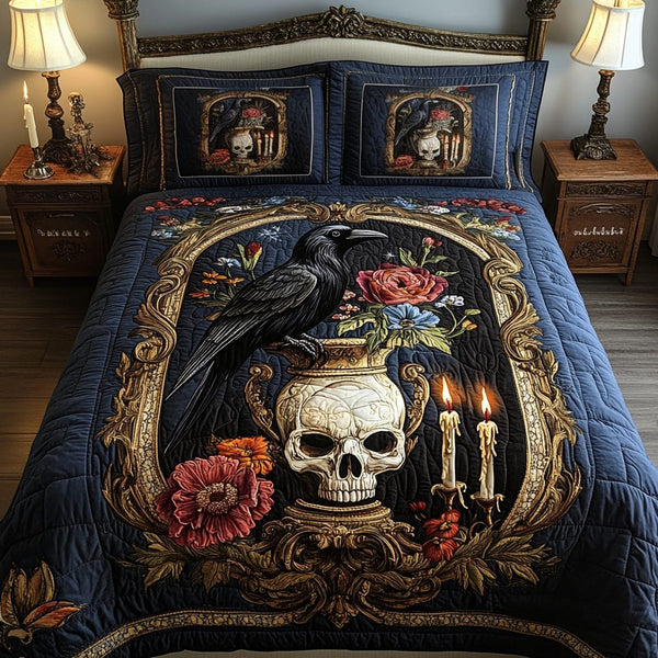 Dark Plume quilted 3-piece bedding set on a made bed with two matching pillow shams