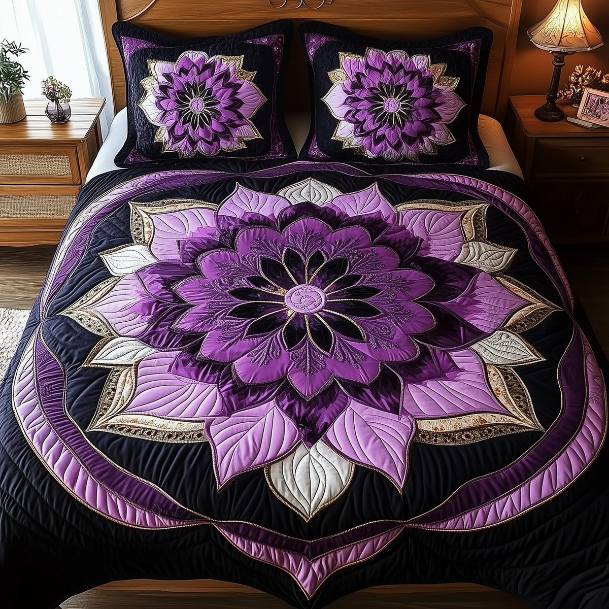 Dark Purple Flower quilted 3-piece bedding set on a made bed with two matching pillow shams