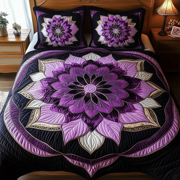 Dark Purple Flower quilted 3-piece bedding set on a made bed with two matching pillow shams