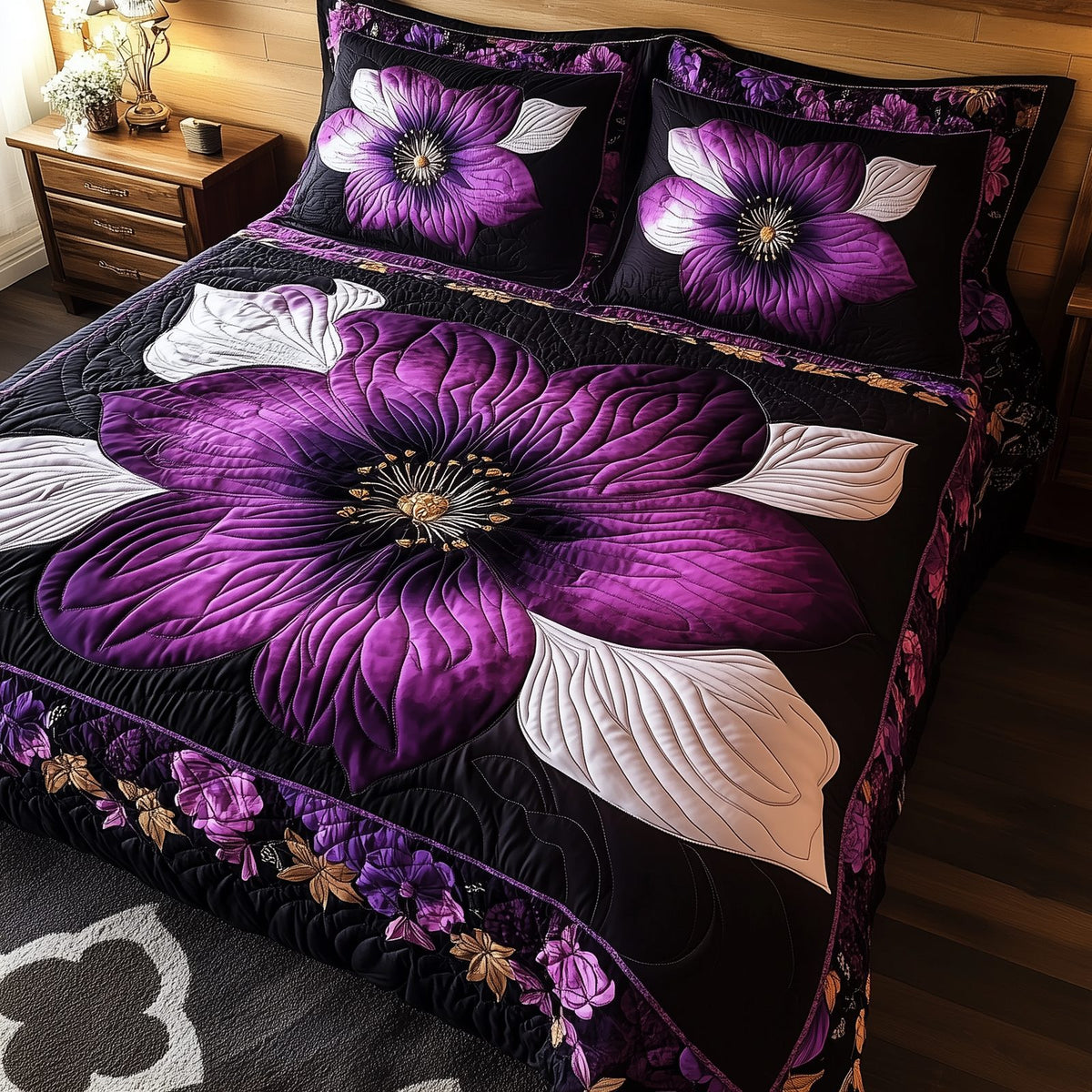 Dark Purple Flower quilted 3-piece bedding set on a made bed with two matching pillow shams