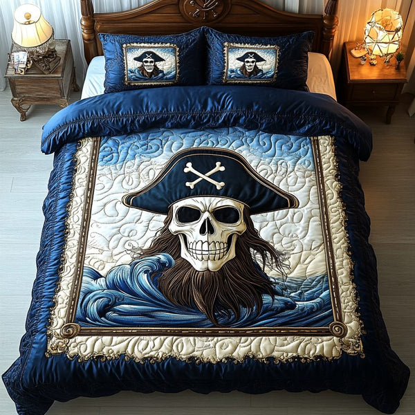 Dark Sea Skull quilted 3-piece bedding set on a made bed against a dark styled interior