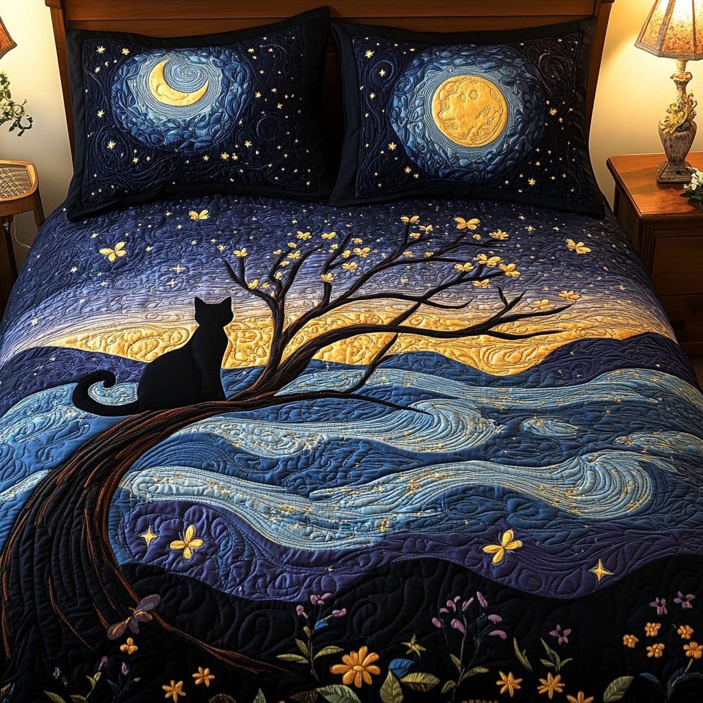 Dark Sky Dreamer quilted 3-piece bedding set on a made bed with two matching pillow shams