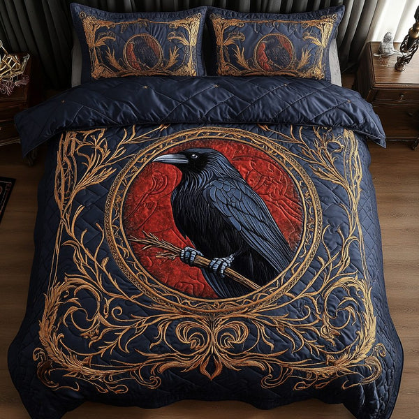 Dark Watcher quilted 3-piece bedding set on a made bed with two matching pillow shams