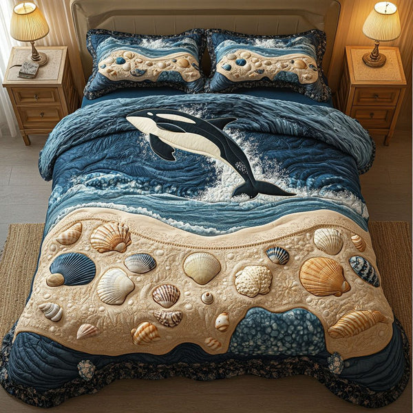 Dark Water Waltz quilted 3-piece bedding set on a made bed with two matching pillow shams