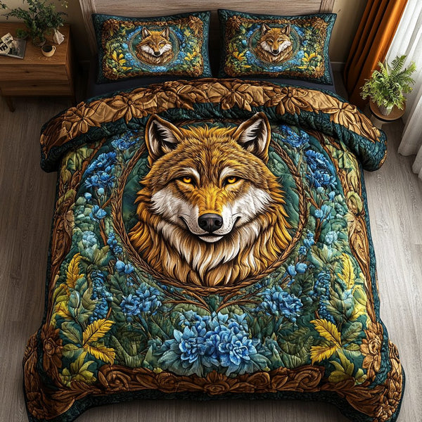 Dark Wolf quilted 3-piece bedding set on a made bed with two matching pillow shams