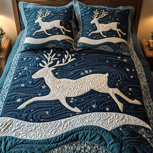 Dashing Through the Snow quilted 3-piece bedding set on a made bed with two matching pillow shams