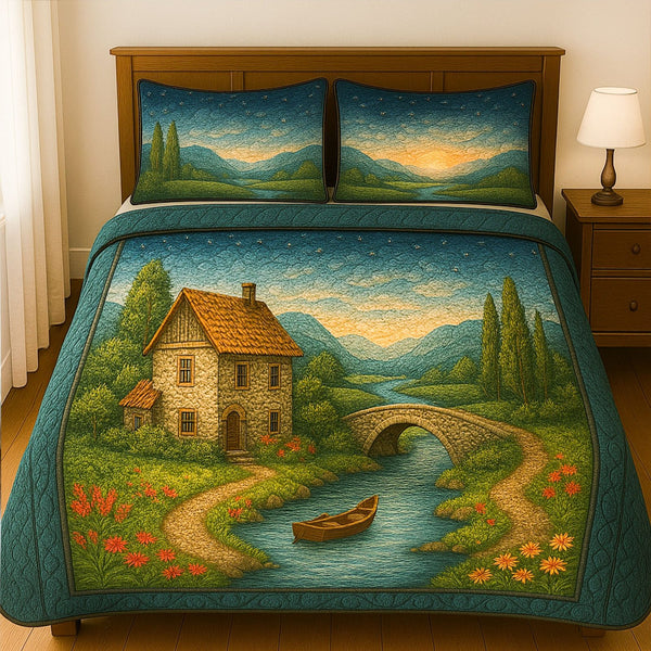 Dawn Bloom quilted 3-piece bedding set on a made bed with two matching pillow shams
