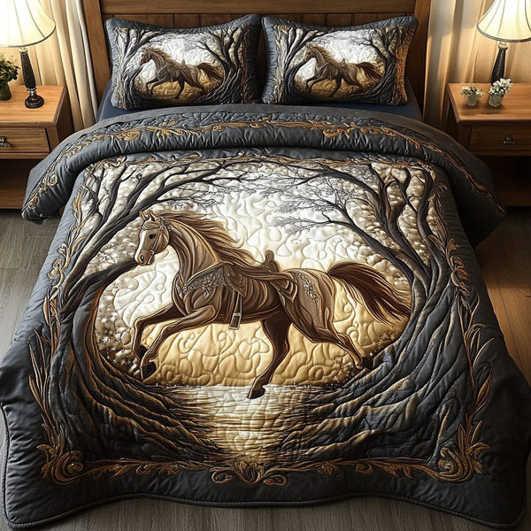Dawn Charge quilted 3-piece bedding set on a made bed with two matching pillow shams