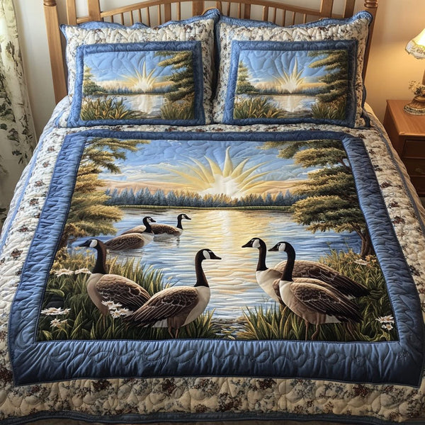Dawn Gathering quilted 3-piece bedding set on a made bed with two matching pillow shams