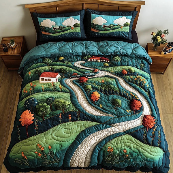 Dawn Horizon quilted 3-piece bedding set on a made bed with two matching pillow shams