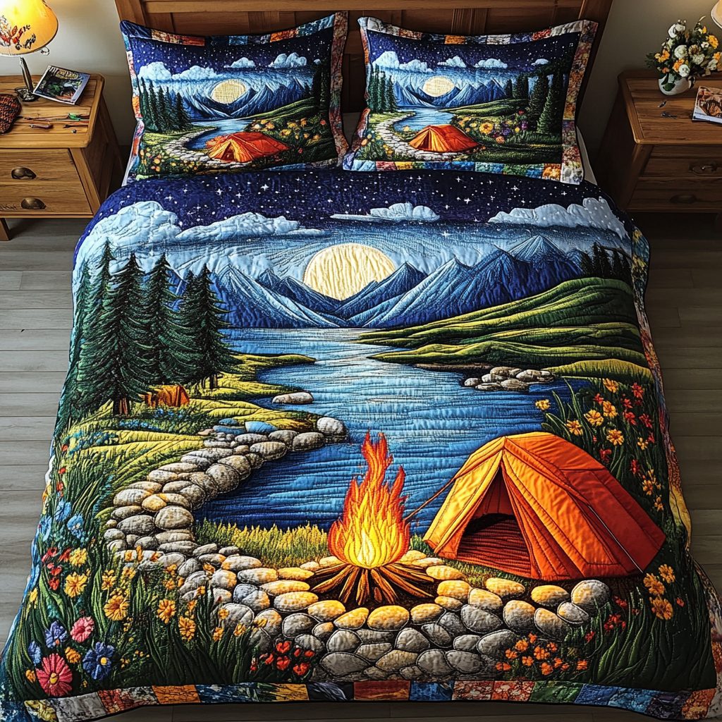 Dawn Horizon quilted 3-piece bedding set on a made bed with two matching pillow shams