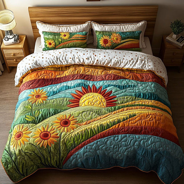 Dawn Over Sunflower Fields quilted 3-piece bedding set on a made bed with two matching pillow shams