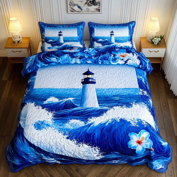 Dawn Sentinel quilted 3-piece bedding set on a made bed with two matching pillow shams