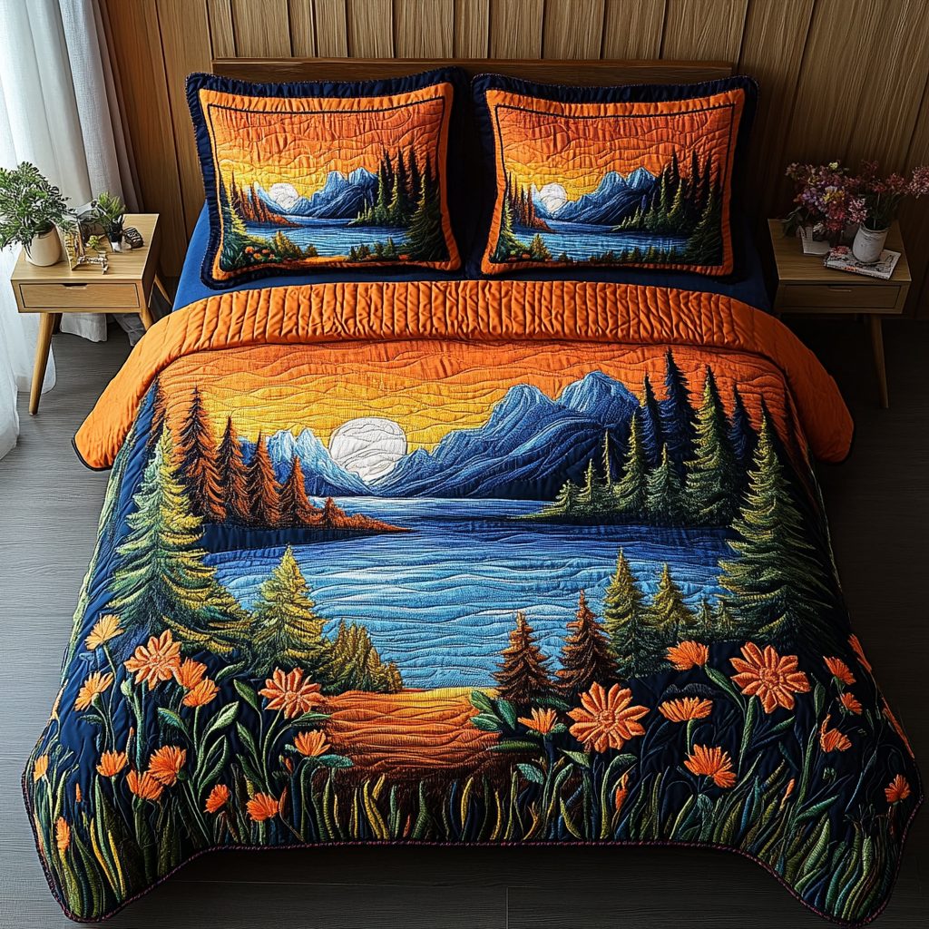 Dawn Trail quilted 3-piece bedding set on a made bed with two matching pillow shams
