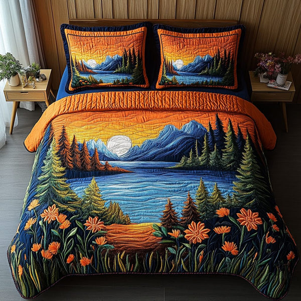 Dawn Trail quilted 3-piece bedding set on a made bed with two matching pillow shams