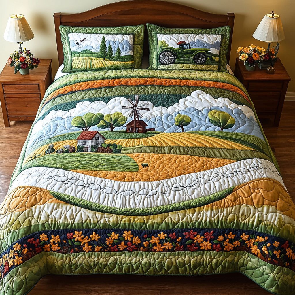 Day in the Country quilted 3-piece bedding set on a made bed in a farmhouse bedroom