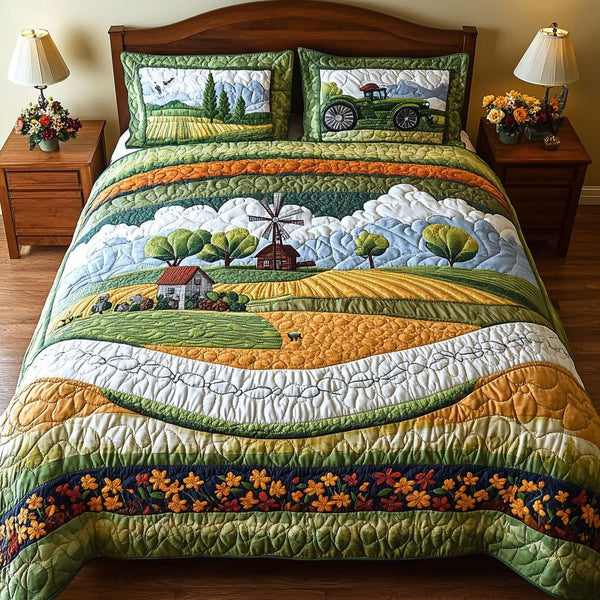 Day in the Country quilted 3-piece bedding set on a made bed in a farmhouse bedroom