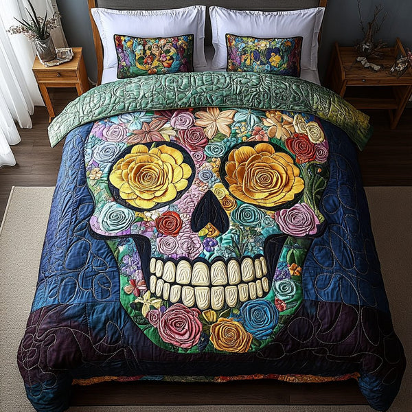 Day of Skull quilted 3-piece bedding set on a made bed against a dark styled interior