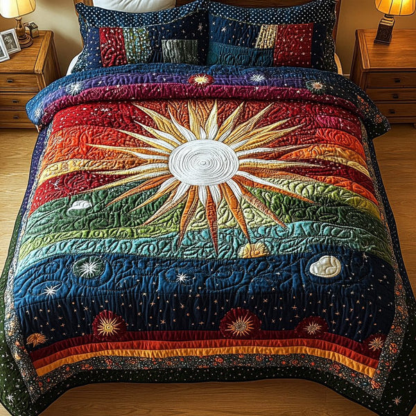 Daylight Charm quilted 3-piece bedding set on a made bed with two matching pillow shams