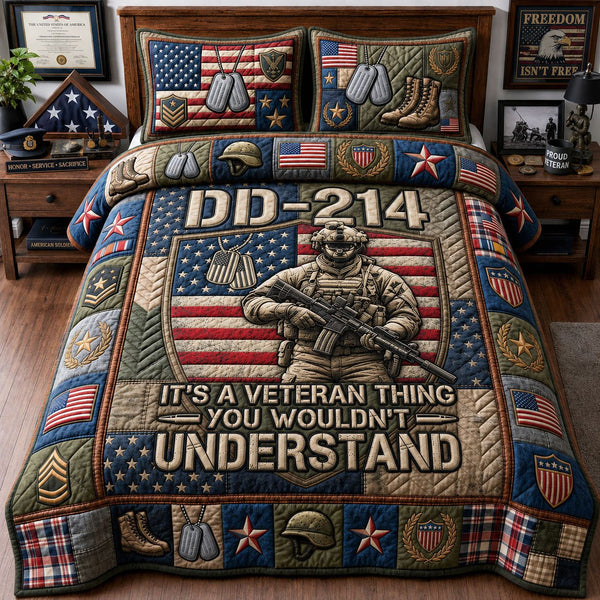 DD 214 Veteran quilted 3-piece bedding set on a made bed in a warmly lit bedroom
