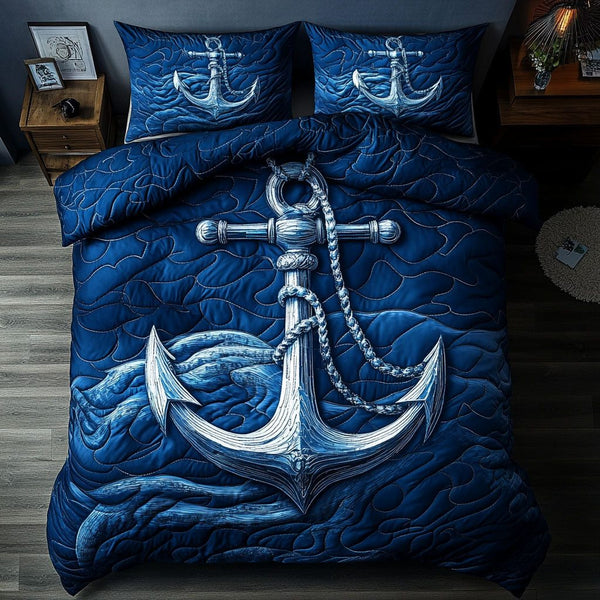 Deep Blue Anchor quilted 3-piece bedding set on a made bed in a light coastal bedroom