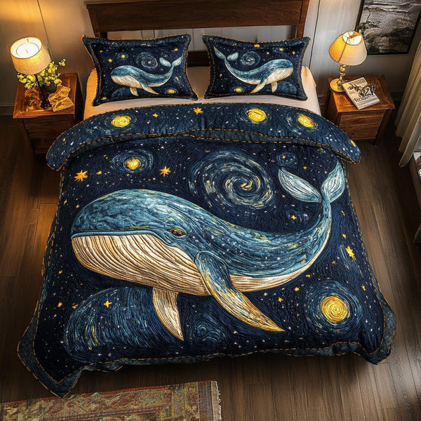 Deep Blue Drift quilted 3-piece bedding set on a made bed with two matching pillow shams